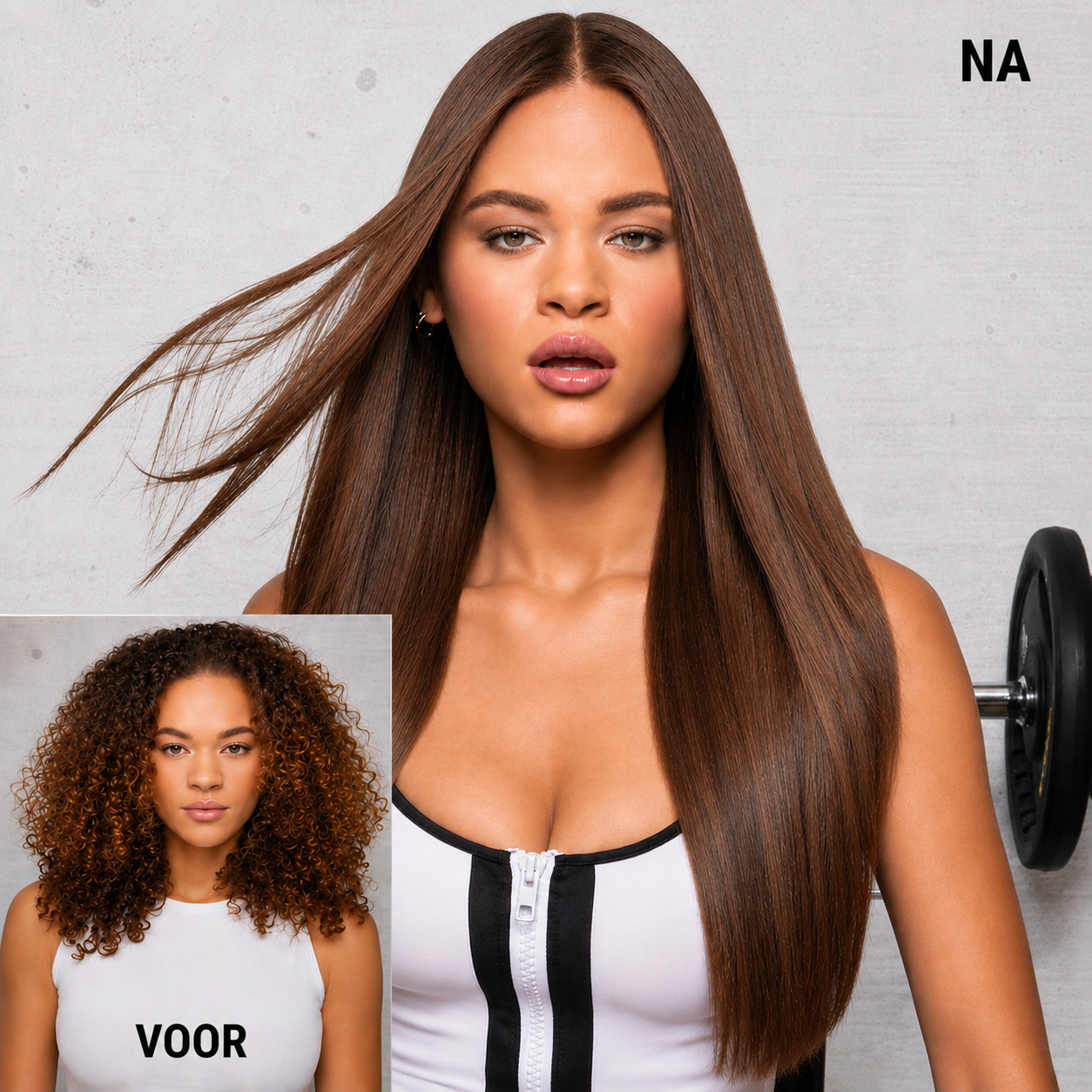 Voor-en-na-foto's van krullend haar dat is omgetoverd tot lang, steil haar.